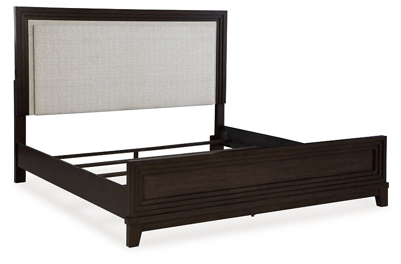 Neymorton King Upholstered Panel Bed with Mirrored Dresser