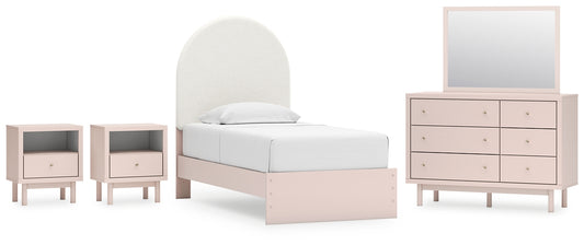 Wistenpine Twin Upholstered Panel Bed with Mirrored Dresser and 2 Nightstands